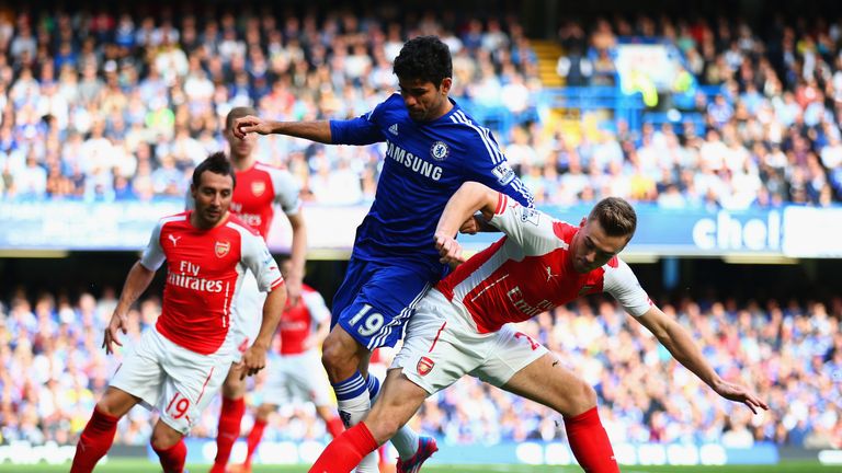 Diego Costa and Calum Chambers battle for the ball