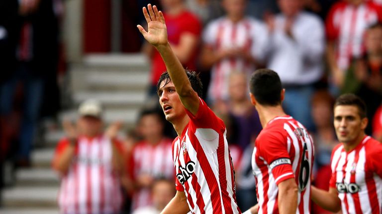 Jack Cork of Southampton celebrates as he scores their third goal during the Barclays Premier League match