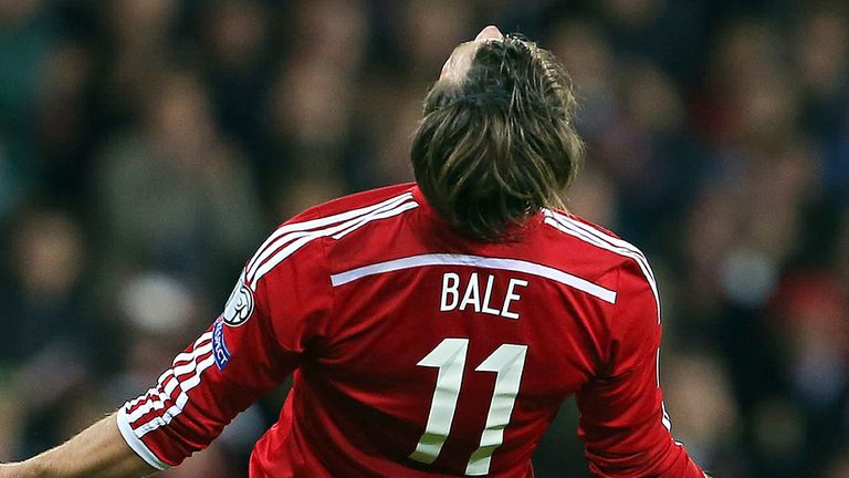 Wales' Gareth Bale celebrates his team's 2-1 victory during a UEFA 2016 European Championship qualifying group B 