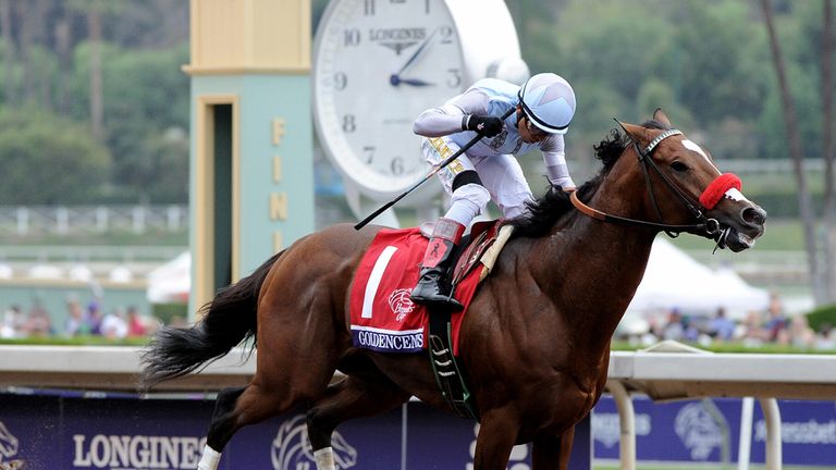 ARCADIA, CA - OCTOBER 31:  Goldencents crosses the finish line as Rafael Bejarano celebrates to win the 2014 Breeder's Cup Dirt Mile at Santa Anita Park on