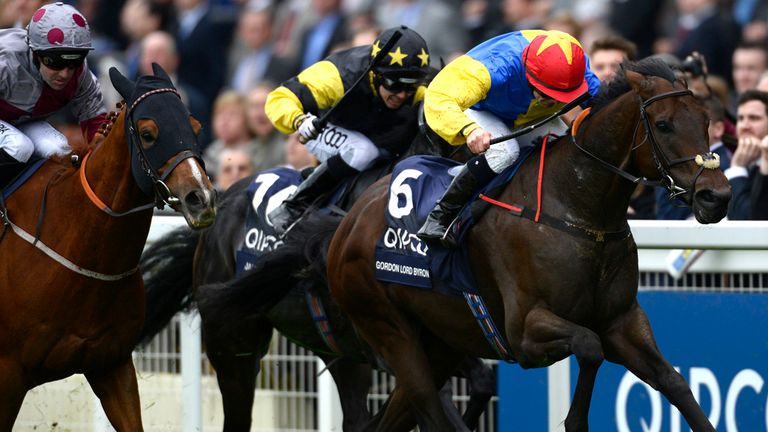 ASCOT, ENGLAND - OCTOBER 18:  Wayne Lordan riding Gordon Lord Byron win The Qipco British Champions Sprint Stakes at Ascot racecourse on October 18, 2014.