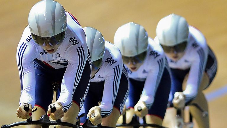 Great Britain's team compete during the Women's team pursuit at the UCI Track Cycling World Championships
