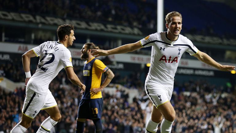 Tottenham's Harry Kane celebrates scoring his third goal, and Spurs' fifth, during the UEFA Europa League, Group C match at White Hart Lane, London.