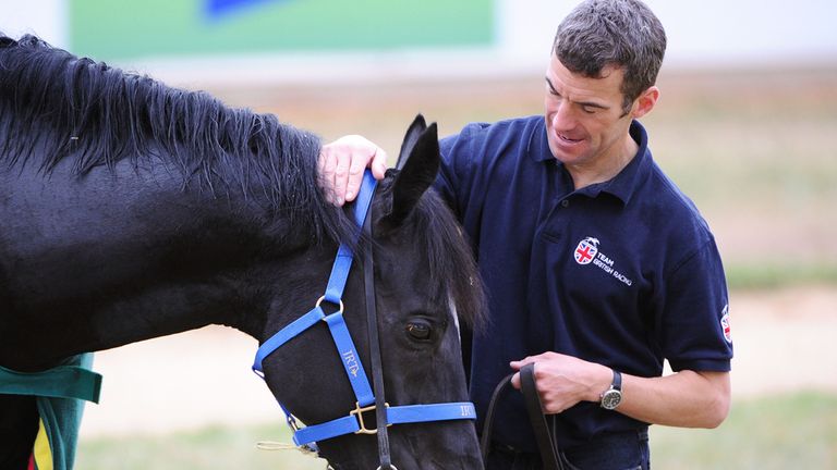 MELBOURNE, AUSTRALIA - OCTOBER 11:  Paul Francis poses with Dandino after a trackwork session at Werribee Racecourse on October 11, 2014 in Melbourne, Aust