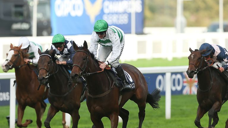 ASCOT, ENGLAND - OCTOBER 18:  Jim Crowley riding Madame Chiang races to victory in the Qipco British Champions Fillies and Mares Stakes at Ascot Racecourse
