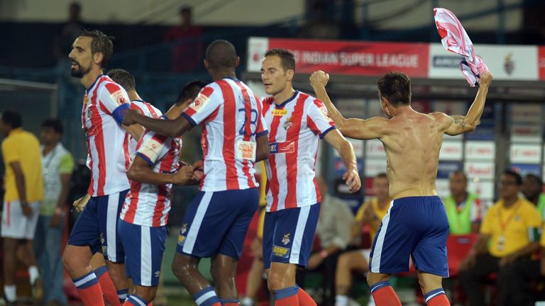 Arnal Llibert Conde Carbo celebrates with his jersey off after scoring the third goal against Mumbai City 