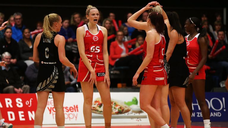 Jo Harten of England with team-mates during the International netball Test match between the New Zealand Silver Ferns and England  in Rotorua, New Zealand