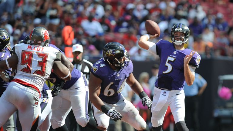 Quarterback Joe Flacco of the Baltimore Ravens throws a pass against the Tampa Bay Buccaneers at Raymond James Stadium