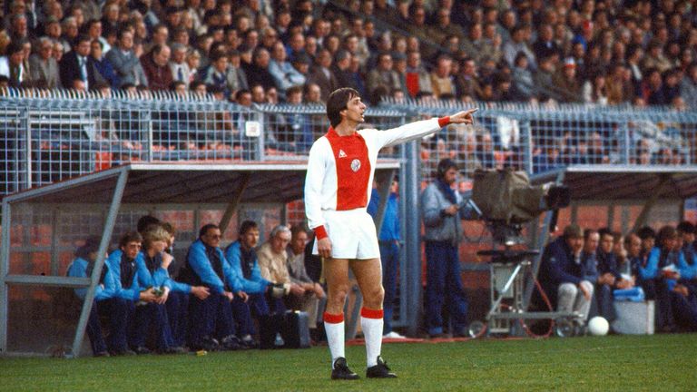 Dutch football star Johan Cruijff giving directions during the match Ajax vs NEC (5-0) in April 1982