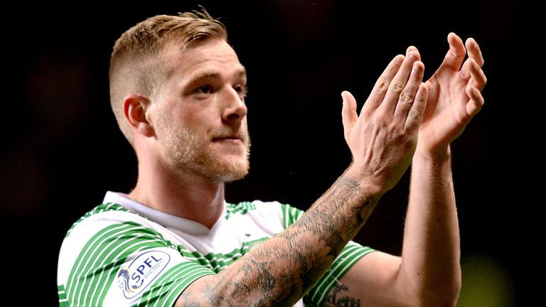John Guidetti celebrates his strike in front of the Celtic supporters.