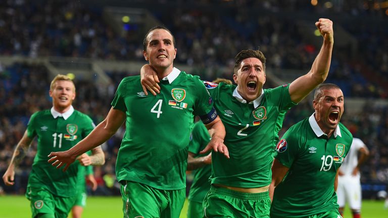 John O'Shea celebrates his late goal during the European Qualifier between Germany and Republic of Ireland at the Veltins-Arena in Gelsenkirchen