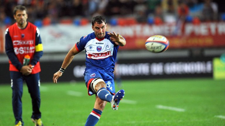 Grenoble's French fly-half Jonathan Wisniewski hits a penalty kick 