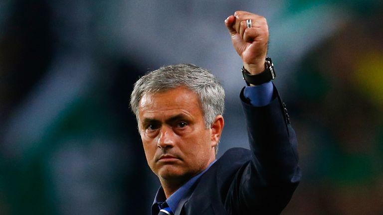 Jose Mourinho manager of Chelsea salutes the travelling fans after the UEFA Champions League Group G match