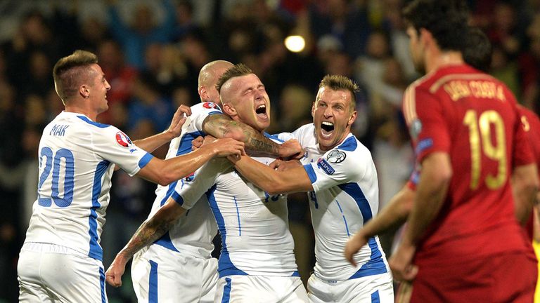 Juraj Kucka of Slovakia celebrates his goal against Spain