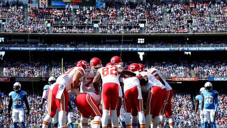 The Kansas City Chiefs huddle up during the game against the San Diego Chargers at Qualcomm Stadium