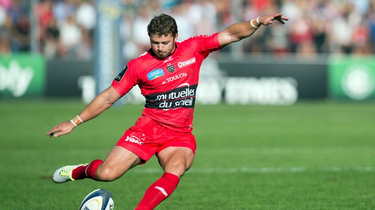 Leigh Halfpenny takes a penalty kick during the European Rugby Champions Cup