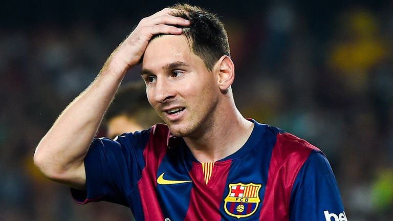 Lionel Messi of FC Barcelona reacts after missing a chance to score during the La Liga match
