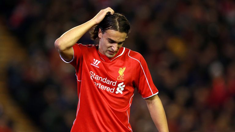 Liverpool's Lazar Markovic reacts after missing a chance