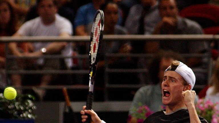 18 Nov 2001:   Lleyton Hewitt of Australia celebrates his victory over Sabastien Grosjean of France during the final of the Tennis Masters Cup