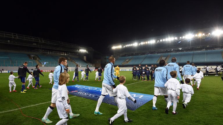 KHIMKI, RUSSIA - OCTOBER 21: Players are entering the field before the UEFA Champions League Group E match between PFC CSKA Moscow and Manchester City FC a