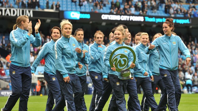 Manchester City's women's football team parade the Continental Cup, which they won beating holders Arsenal earlier in the week