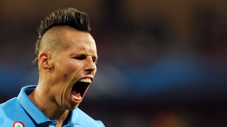 Marek Hamsik celebrates after scoring for Napoli during the UEFA Champions League play-off second leg football match v Athletic Bilbao