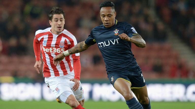 Nathaniel Clyne of Southampton gets past Bojan Krkic of Stoke City during the Capital One Cup Fourth Round match