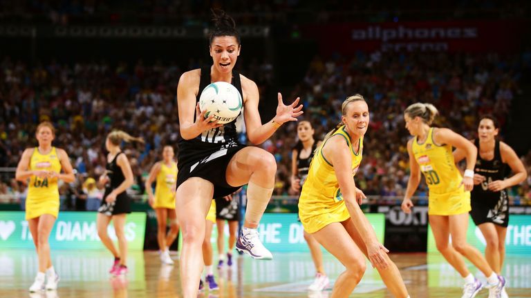 SYDNEY, AUSTRALIA - OCTOBER 11:  Grace Rasmussen of the Ferns catches the ball during the International Netball Test match between the New Zealand Silver F