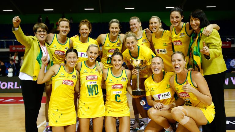Australian Diamonds hold the Constellation Cup after beating the New Zealand Silver Ferns in Auckland