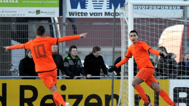 Anwar El-Ghazi (R) of the Netherlands celebrates after scoring his 2nd goal during the U18 International Friendly match between The Netherlands and Germany