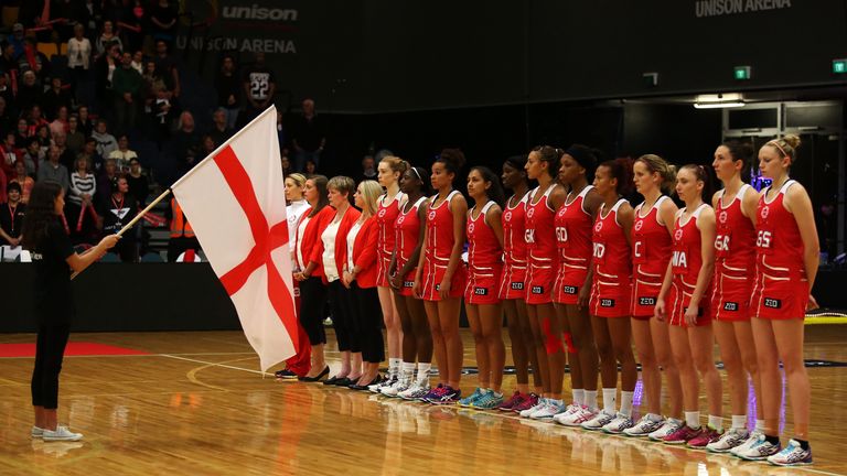 The England netball team during the International netball Test match between the New Zealand Silver Ferns and England