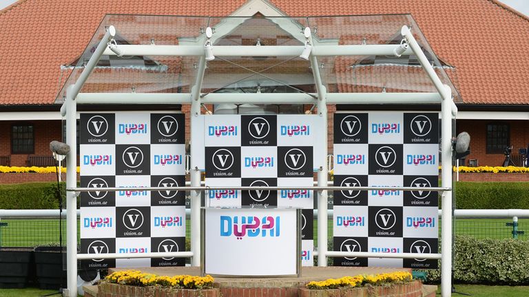 Dubai branding in the winners enclosure Newmarket racecourse during The Future Champions Day