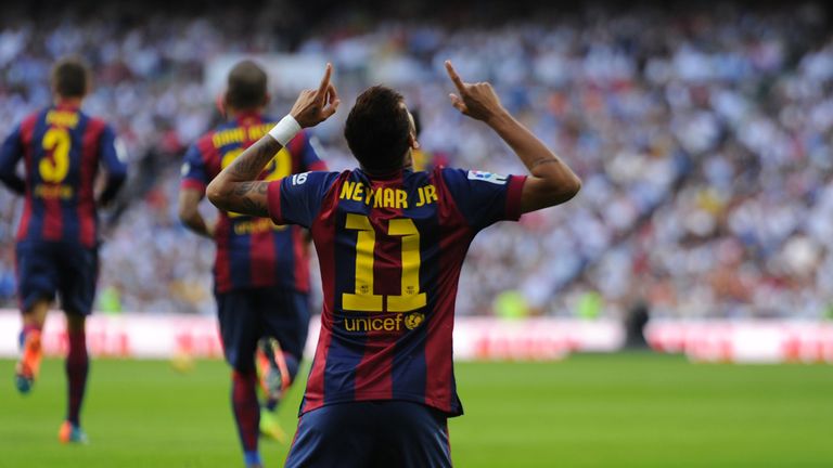 Neymar celebrates after scoring the first goal in El Clasico