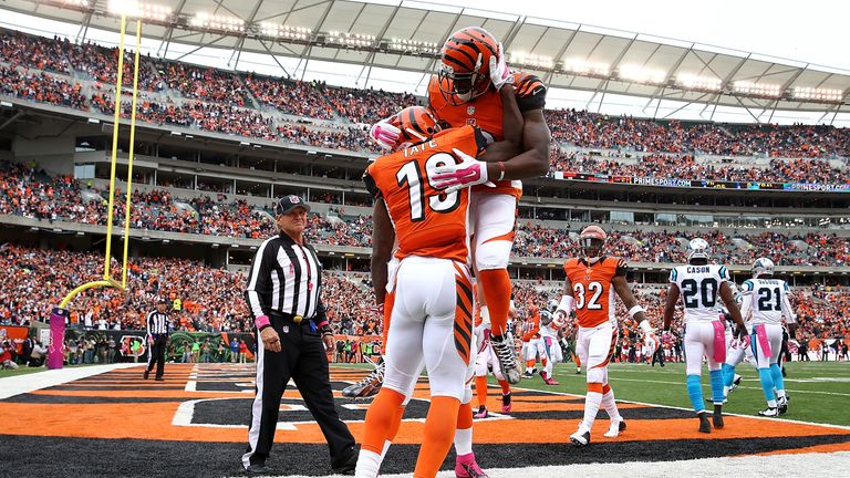 Mohamed Sanu of the Cincinnati Bengals congratulates Brandon Tate after scoring a touchdown against the Carolina Panthers