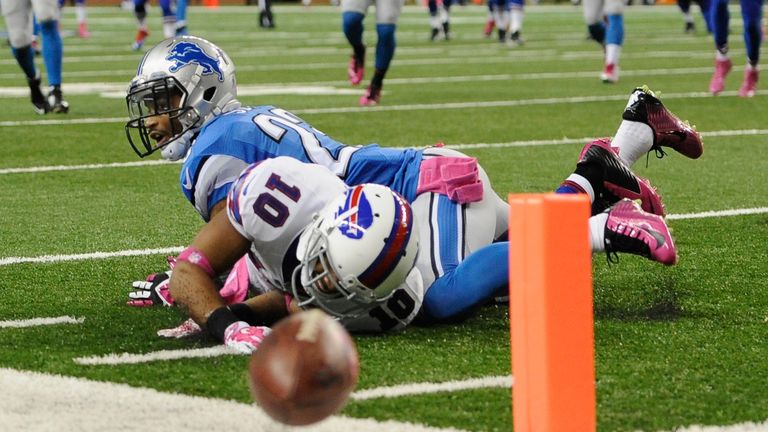 Robert Woods of the Buffalo Bills can't complete the pass in front of Darius Slay of the Detroit Lions