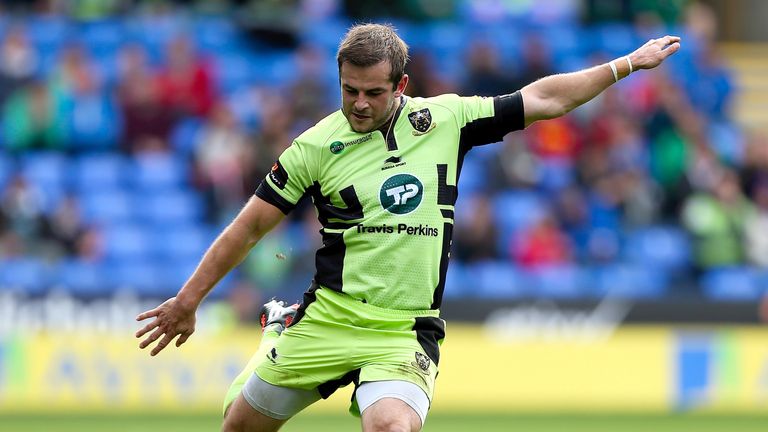 Stephen Myler of Northampton kicks a penalty during the Aviva Premiership match against London Irish
