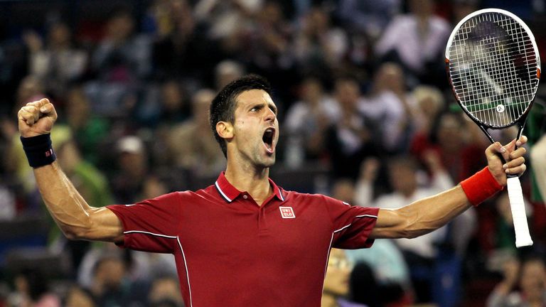 Novak Djokovic of Serbia reacts during his match against David Ferrer