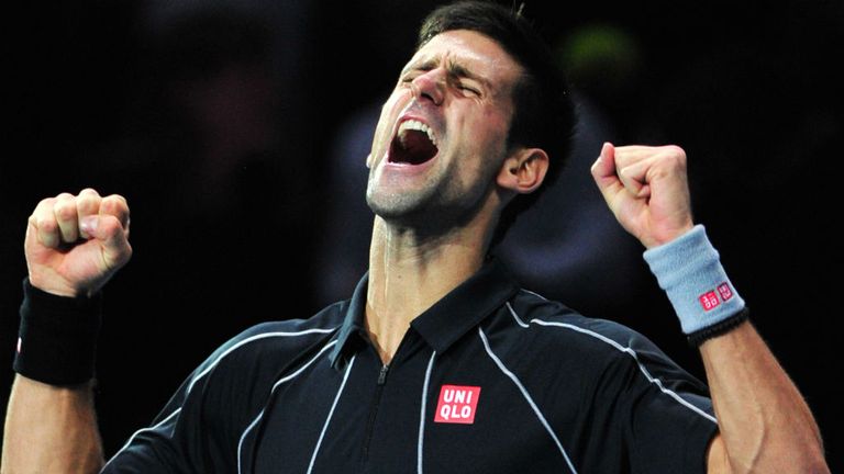 Novak Djokovic celebrates beating Rafael Nadal during the 2013 ATP World Tour Finals in London