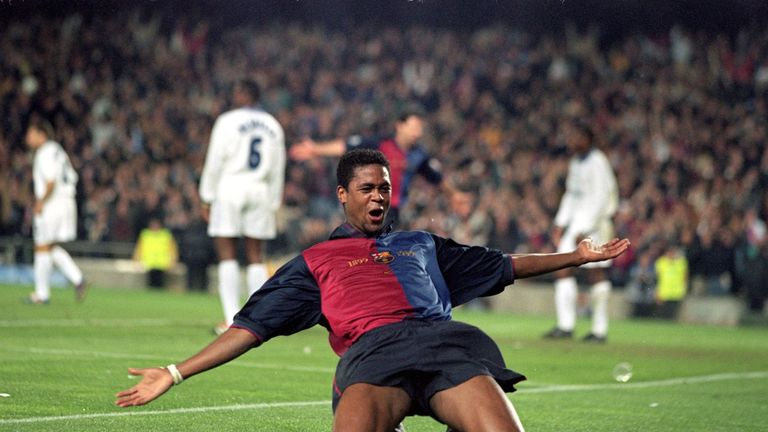 Patrick Kluivert of Barcelona celebrates a goal during the UEFA Champions League quarter-final second leg against Chelsea at the Nou Camp in 2000