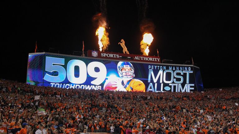 A digital display commemorates the NFL record 509th career passing touchdown by quarterback Peyton Manning #18 of the Denver Broncos