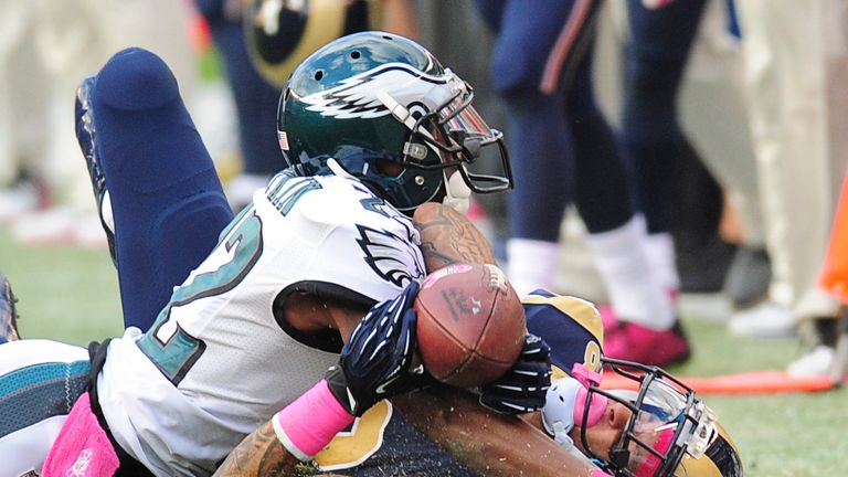 Brandon Boykin of the Philadelphia Eagles breaks up a pass intended for wide receiver Austin Pettis of the St Louis Rams