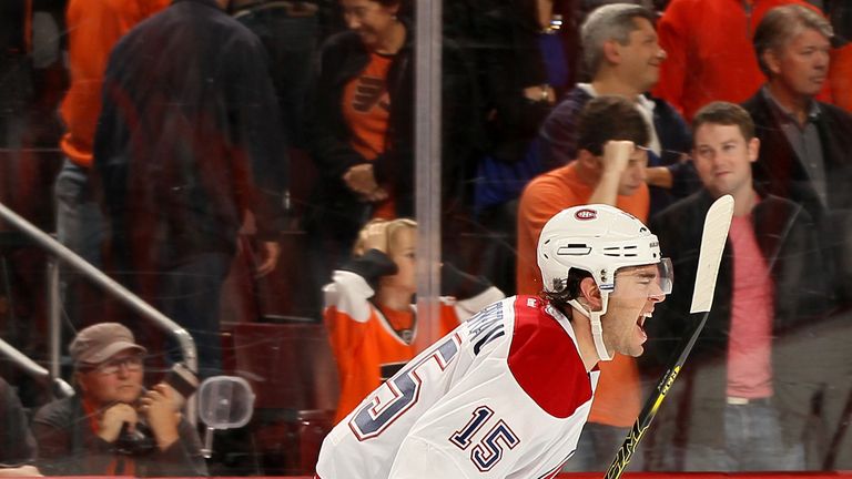 Pierre-Alexandre Parenteau of the Montreal Canadiens celebrates after he scored the game winning goal against the Philadelphia Flyers