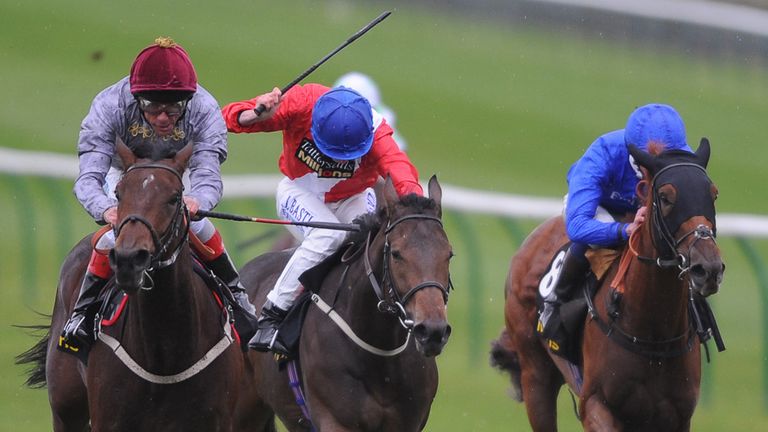 Frankie Dettori on Osaila (left) wins The £300,000 Tattersalls Millions 2 Year Old Fillies' Trophy at Newmarket.