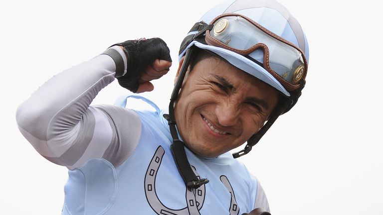 ARCADIA, CA - OCTOBER 31:  Rafael Bejarano reacts to victory atop Goldencents during the 2014 Breeder's Cup Dirt Mile at Santa Anita Park on October 31, 20