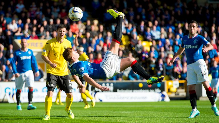 SCOTTISH CHAMPIONSHIP.LIVINGSTON v RANGERS.ENERGY ASSETS ARENA - LIVINGSTON.Rangers youngster Lewis Macleod opens the scoring with an acrobatic effort