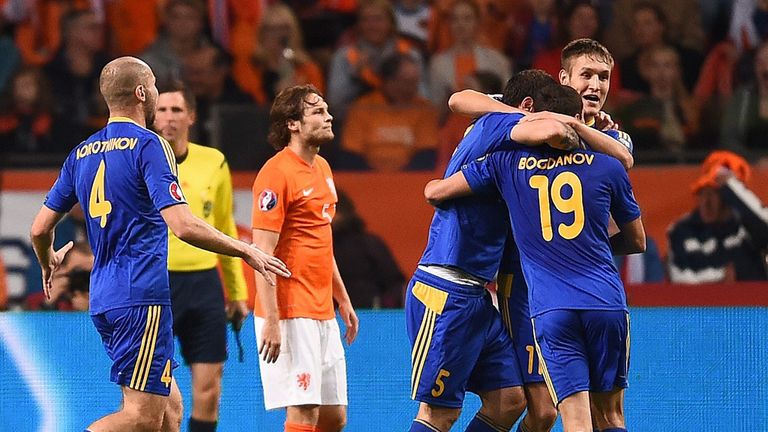 Kazakhstan celebrate after Renat Abdulin scored