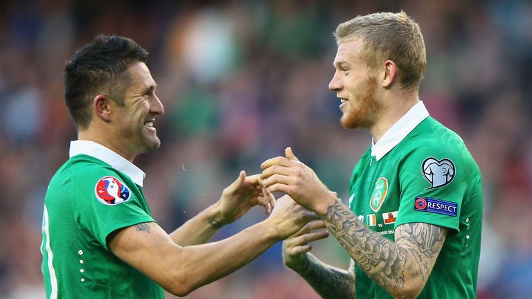 DUBLIN, IRELAND - OCTOBER 11:  Captain Robbie Keane of Republic of Ireland congratulates James McClean of Republic of Ireland  on scoring their fourth goal