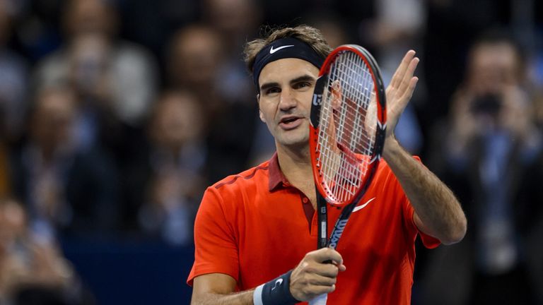 Roger Federer of Switzerland reacts after winning at the Swiss Indoors ATP 500 tennis tournament in Basel
