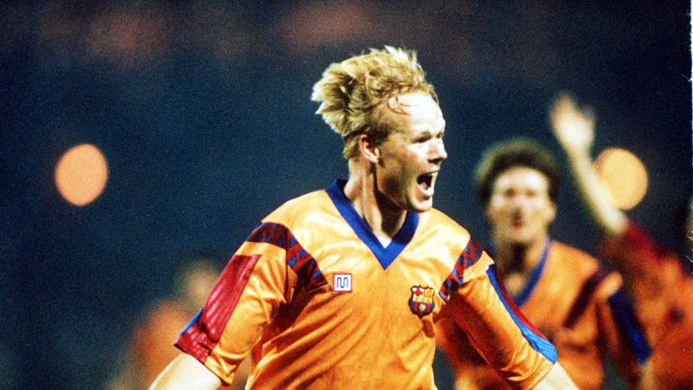 Ronald Koeman celebrates after scoring for Barcelona during the 1992 European Cup Final between Barcelona v Sampdoria. Barcelona won 1-0.