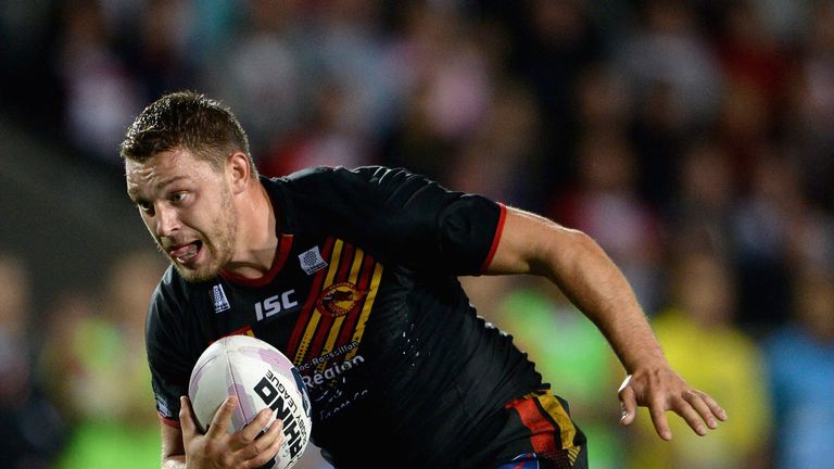 Elliott Whitehead of Catalan Dragons in action in the Super League qualifying semi-final against St Helens 